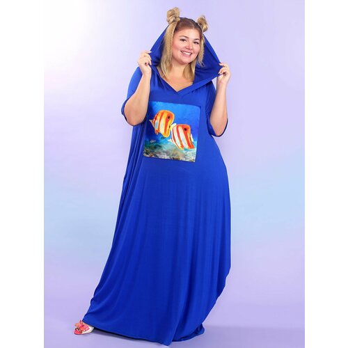 фото Платье-футболка magesty, вискоза, повседневное, свободный силуэт, макси, капюшон, карманы, размер 72-74, синий