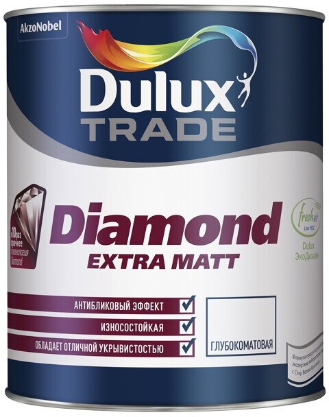 Краска в/д DULUX Trade Diamond Extra matt база BС для стен и потолков 0,9л бесцветная, арт.5273954