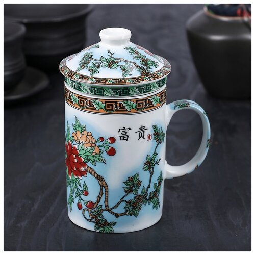 фото Кружка с крышкой и керамическим ситом "птицы в пионах" 300 мл, 12х8,3х13,5 см 222527 сима-ленд