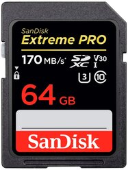Карта памяти SanDisk Extreme Pro SDXC UHS Class 3 V30 170MB/s 64 GB, чтение: 170 MB/s, запись: 90 MB/s