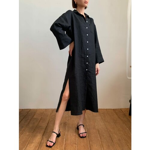 фото Платье-рубашка quality, лен, в стиле бохо, миди, размер one-size, черный