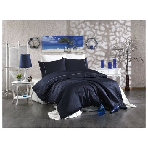 Комплект постельного белья Grazie Home ALIX тёмно-синий/кремовый (Евро)