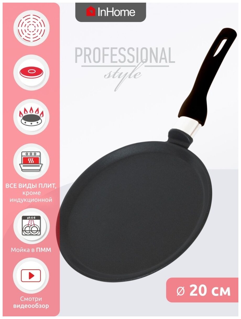 Сковорода блинная InHome IVCP 20 см, серия "Professional Style" черный