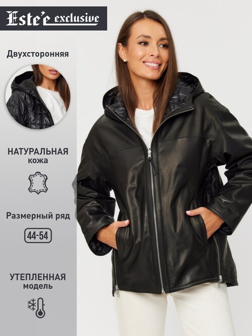 Кожаная куртка  Estee exclusive Fur&Leather демисезонная, удлиненная, оверсайз, утепленная, капюшон, размер L, черный