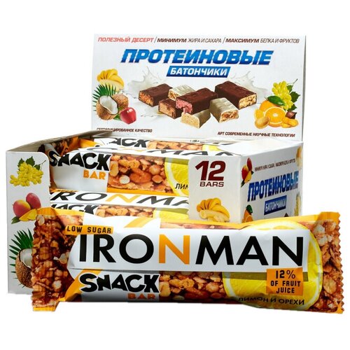 фото Злаковый батончик ironman snack bar в глазури лимон и орехи, 40 г, 12 шт