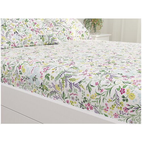 фото Простыня сказка полевые цветы (корзинки) перкаль на резинке 160х200 см белый/зеленый/сиреневый