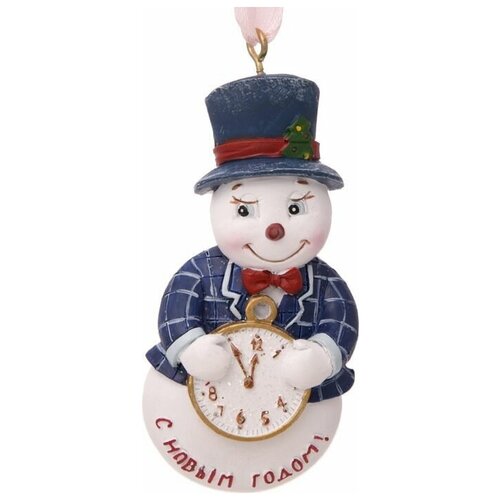 фото Елочное украшение из полирезины "снеговик с часами" 3,5*1,5*8см феникс презент
