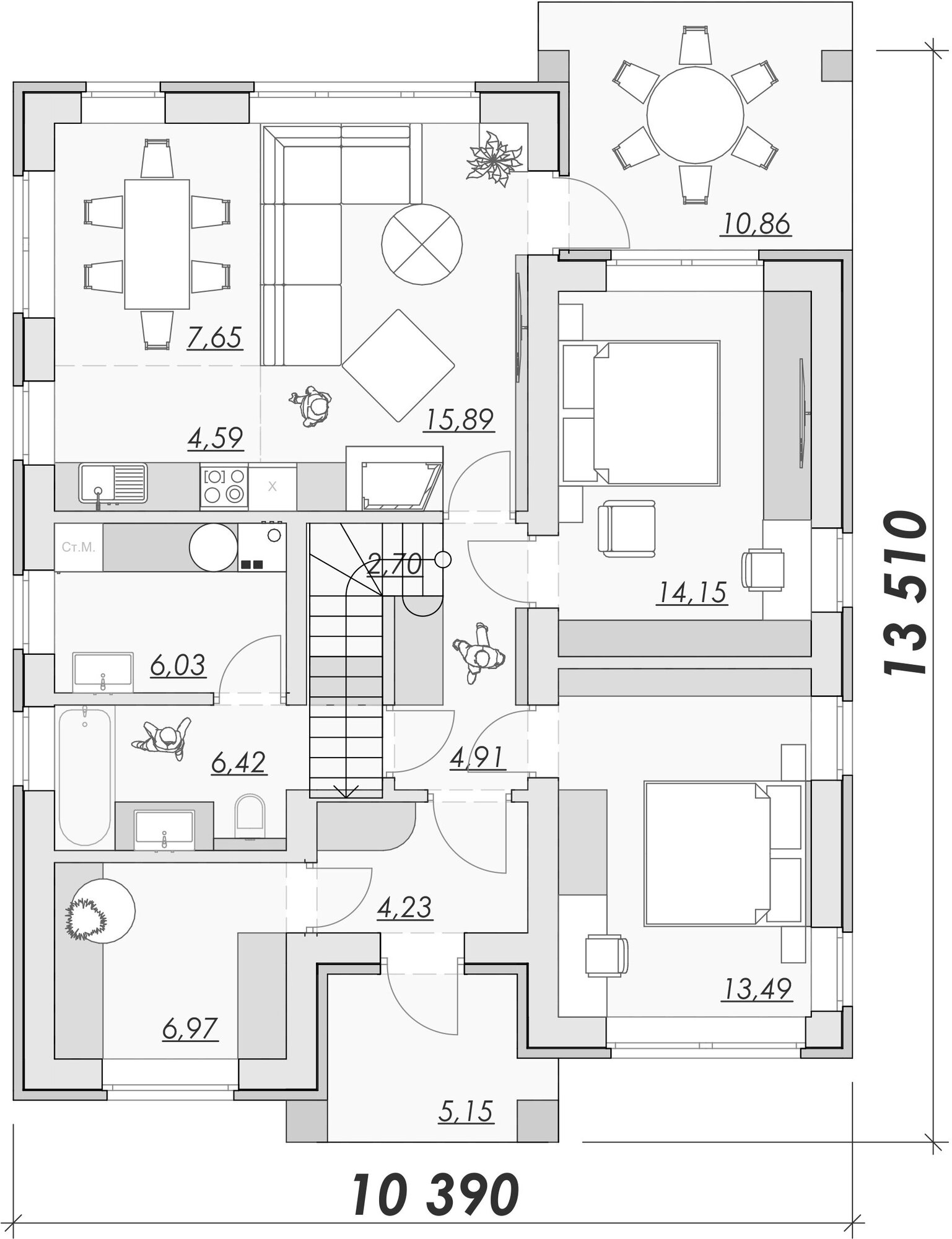 Проект двухэтажного дома с 6 спальнями, множеством подсобных помещений, мастер-спальней с душевой и гардеробной - фотография № 2