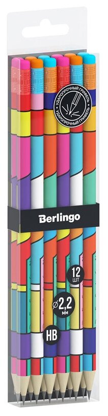 Набор карандашей ч/г Berlingo "Color Block" 12шт, HB, круглый, заточен, с ластиком, ассорти, PET-бокс