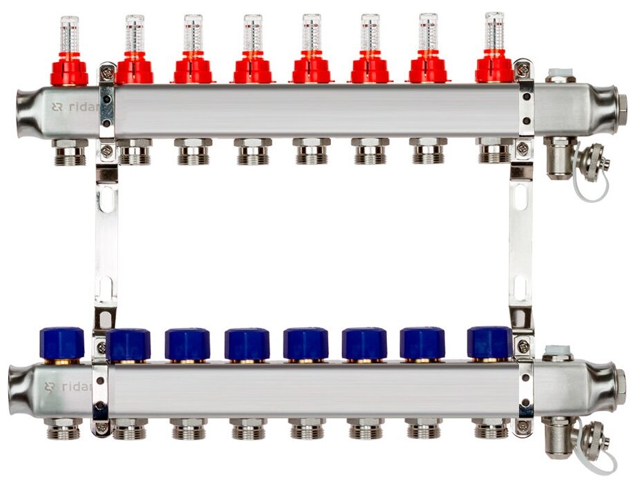 Комплект коллекторов Ридан SSM-8RF set с расходомерами и кронштейнами, 8 контуров