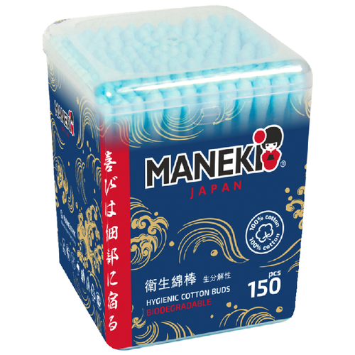 Палочки ватные гигиен. MANEKI OCEAN с голубым бум. стиком, в пласт. коробке, 150 шт./уп.