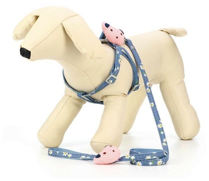 Шлейка для собак Пижон с игрушкой, 1х120 см, шея 24-38 см, грудь 24-38 см, синяя с цветами