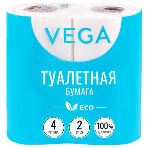 Бумага туалетная Vega 2-слойная, 4шт, эко, 15м, тиснение, белая, 100% целлюлоза, 3 штуки