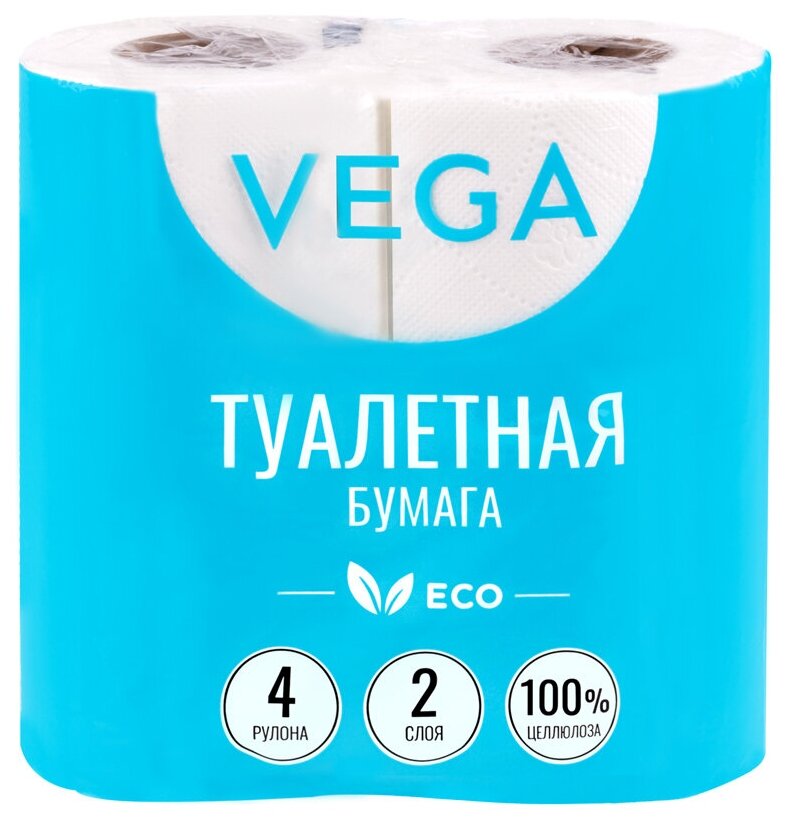 Бумага туалетная 2-слойная Vega Эко, белая, 15м, 4 рул/уп (315618)