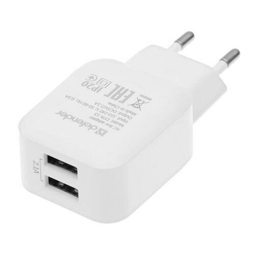 Сетевое зарядное устройство Defender EPA-13, 2 USB, 2.1 А, белое сетевое зарядное устройство usb hs27 2 4а isa