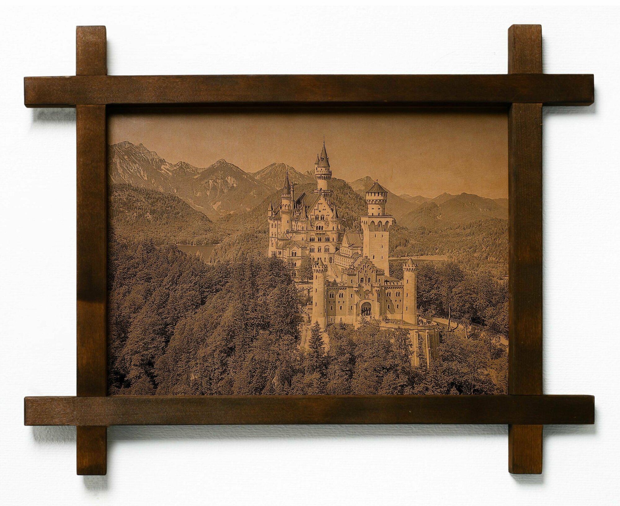 Картина Замок Нойшванштайн, гравировка на натуральной коже, интерьерная для украшения и декора на стену в деревянной раме, подарок, BoomGift
