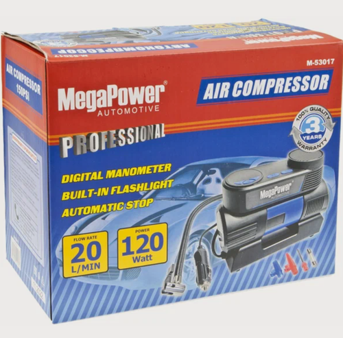 Изображение товара Компрессор M-53017 поршневой 150PSI (35л/мин, 30А) с LED-фонарём, удлиненный шланг, в кейсе 12V MEGAPOWER