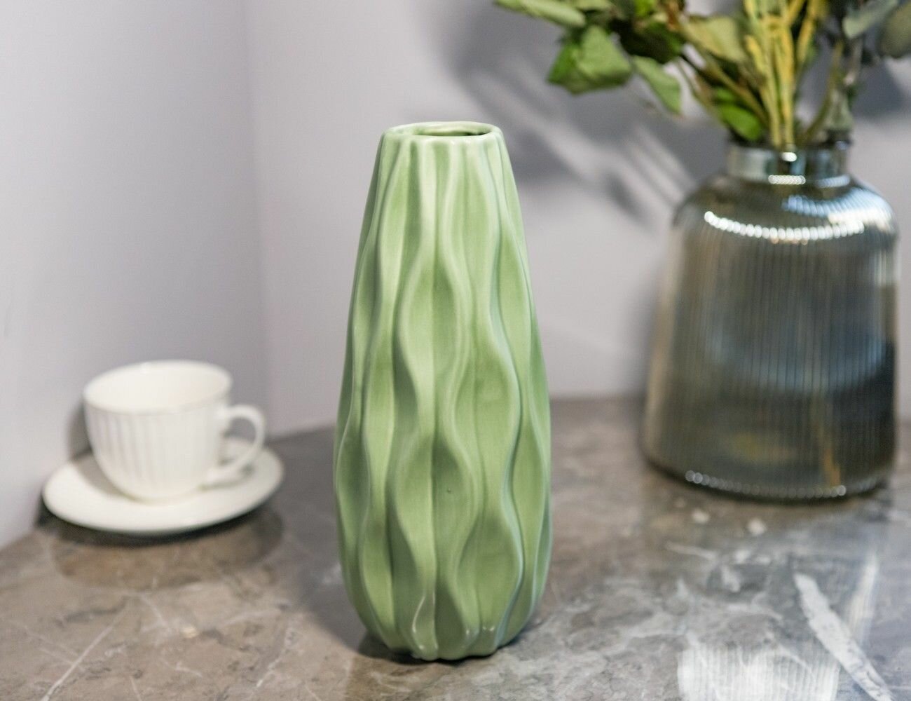 Керамическая ваза фрескецца крупные волны, салатовая, 25 см, Boltze 2017539-1