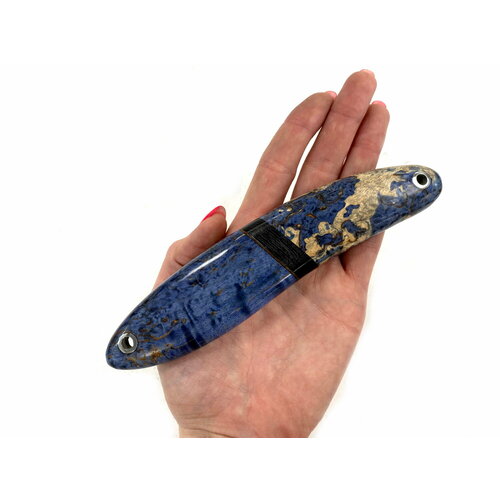 фото Шейный нож в деревянных ножнах, дамасская сталь, стаб карельская береза, синий ножевая мастерская сковородихина