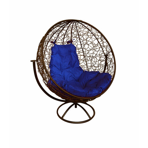 Вращающееся кресло круг с ротангом коричневое, синяя подушка