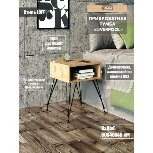 Прикроватная тумба в стиле Лофт Urban 40x40х60 см с полкой от WOODSTEEL Черный Прикроватная тумбочка тумба прикроватная для ванной в ванную комнату Журнальный приставной столик приставной придиванный прикроватный для спальни журнальный лофт 3799₽