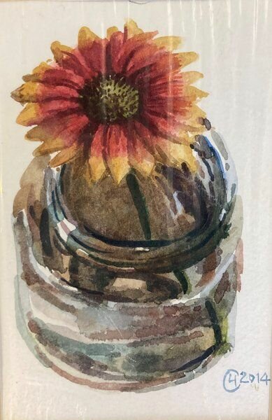Картина акварельная "Цветок в банке".14х9см, бумага/акварель