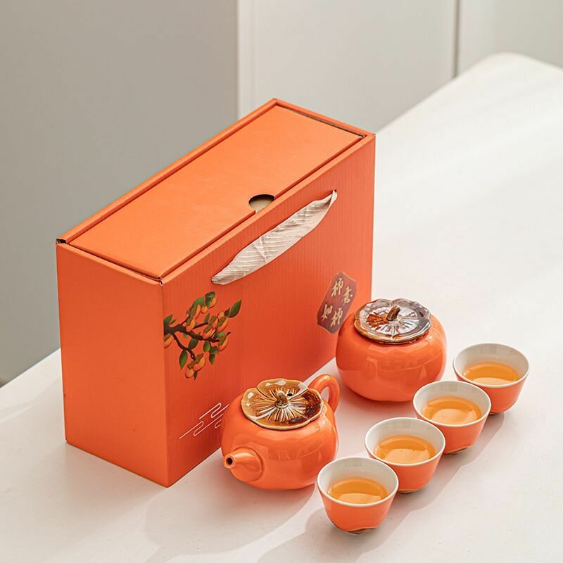 Керамический Чайный Набор "Хурма" Из 6 Предметов В Оранжевом Цвете Superlife В Подарочной Коробке.