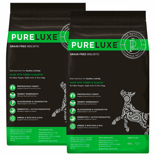фото Pureluxe элитное питание беззерновой для активных собак и щенков всех пород с индейкой и лососем (1,81 + 1,81 кг)