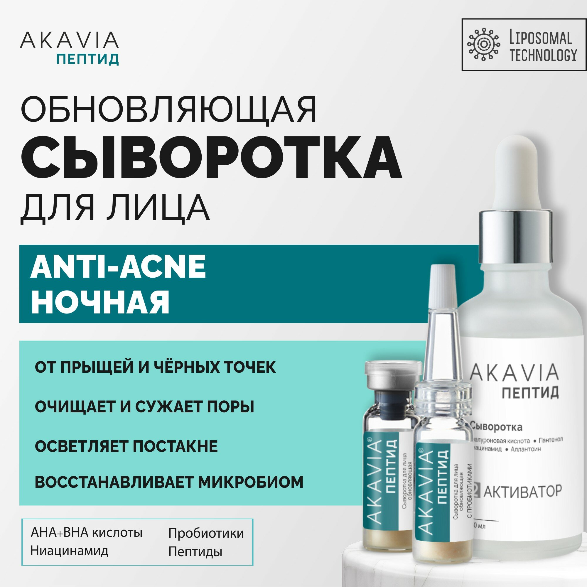 АКАВИЯ PEPTIDE Сыворотка от прыщей акне постакне черных точек с кислотами Ночная
