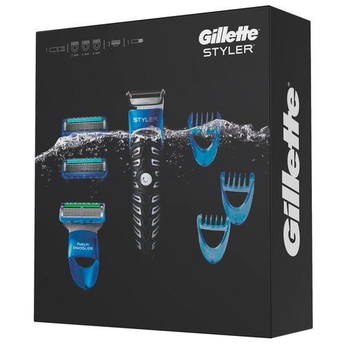 Триммер Gillette Подарочный набор Styler c 3 сменными кассетами и 3 насадками, синий подарочный набор gillette gilette бритва с 2 кассетами гель