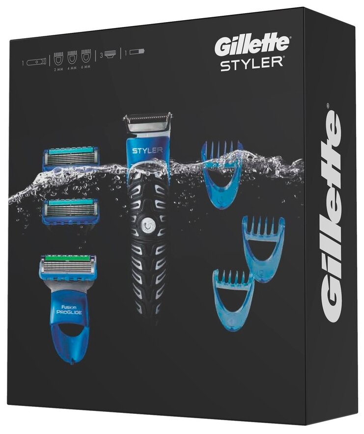 Триммер Gillette Подарочный набор Styler c 3 сменными кассетами и 3 насадками, синий — купить в интернет-магазине по низкой цене на Яндекс Маркете