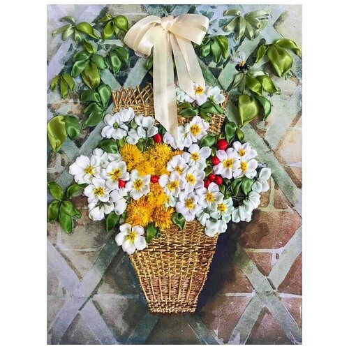 фото Набор для вышивания лентами каролинка "букет в корзине", 26x33,5см