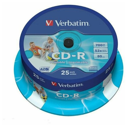 Носители информации CD-R Printable, 52x, Verbatim Azo Wide, Cake/25, 43439 диски cd r 80min 700mb verbatim 52x 25 шт cake box crystal azo