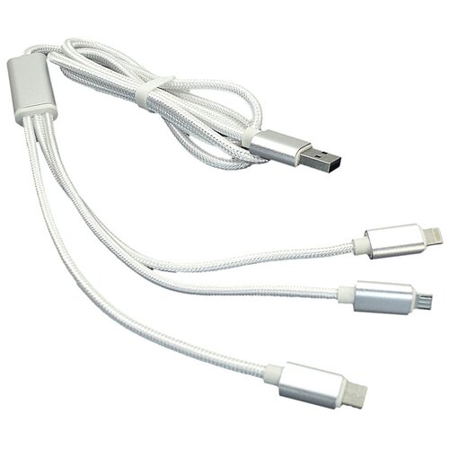 Кабель для зарядки USB (3-в-1) ( Apple Lightning 8Pin, USB Type-C, USB-Micro) шнурок. 1m. Белый