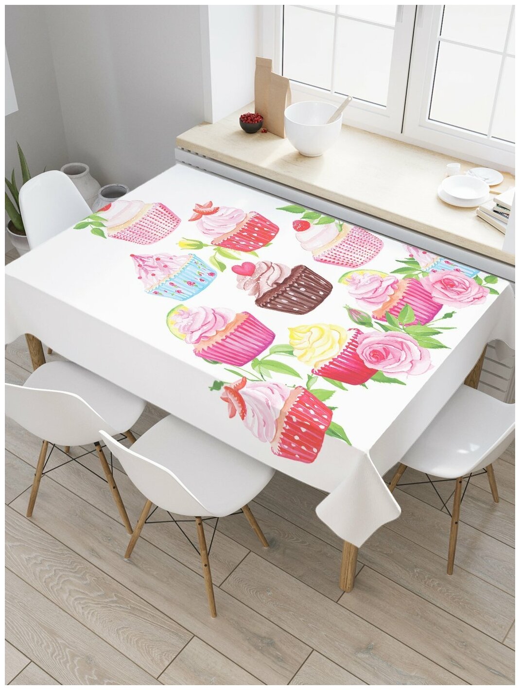 Скатерть прямоугольная JoyArty на кухонный стол "Пирожные и цветы" из оксфорда, 180x145 см