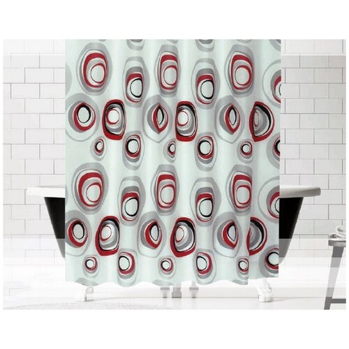 Штора для ванной комнаты Круги цвет красно-черный, тканевая штора (занавеска) для ванной, полиэстер, 180x200 см