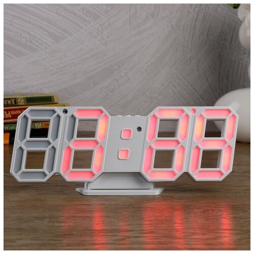 фото Часы-будильник электронные "цифры", с термометром, цифры розовые, белые, 23х9.5х3 см сима-ленд