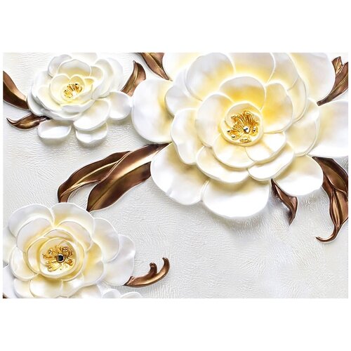 Белые цветы на штукатурке 3D - Виниловые фотообои, (211х150 см)