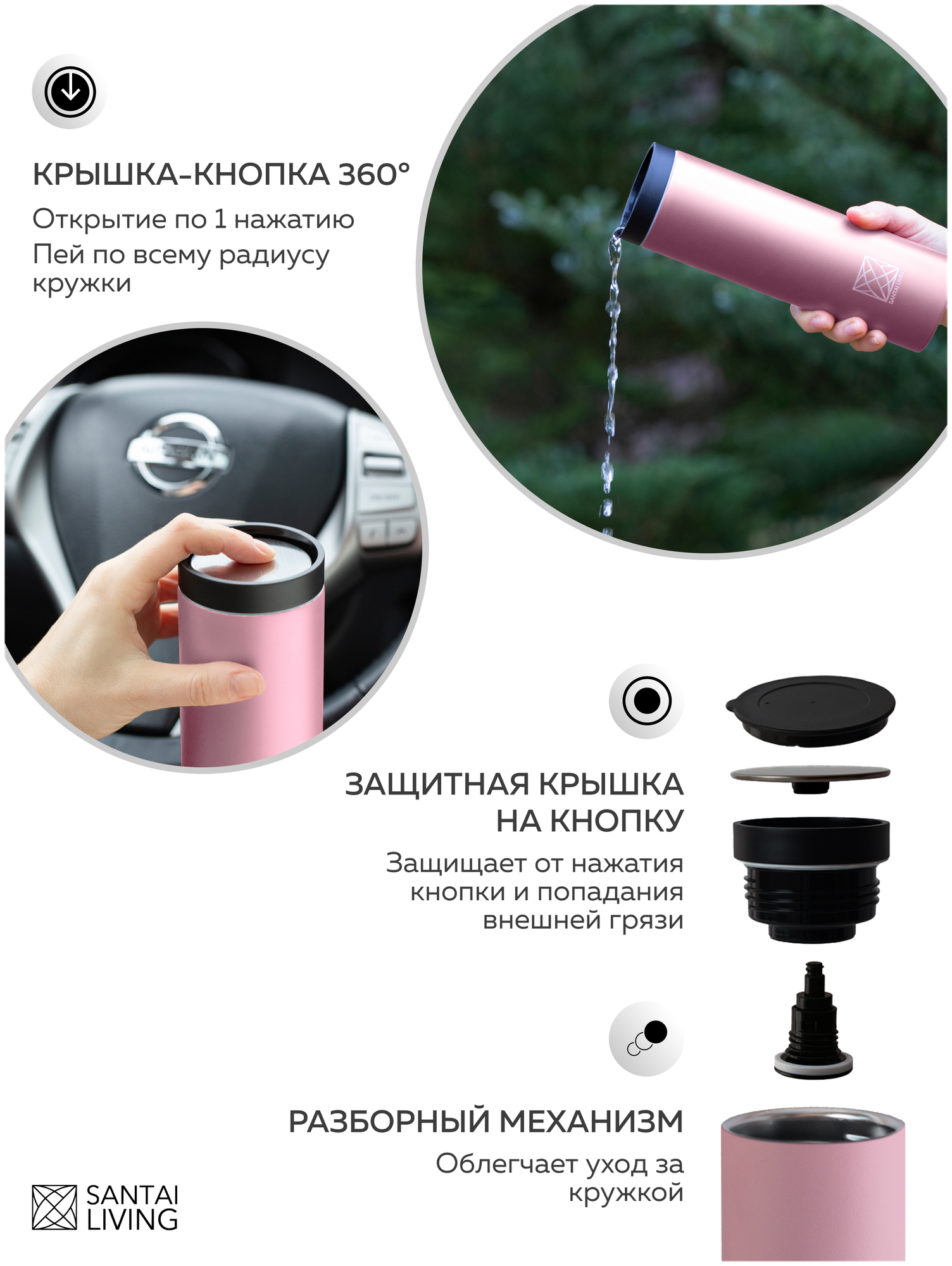 Термокружка Santai Living To-Go 360 с крышкой кнопкой, 450 мл, розовая - фотография № 3