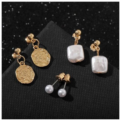 фото Серьги набор 3 пары "юность" жемчуг квадраты, цвет белый в золоте yandex market