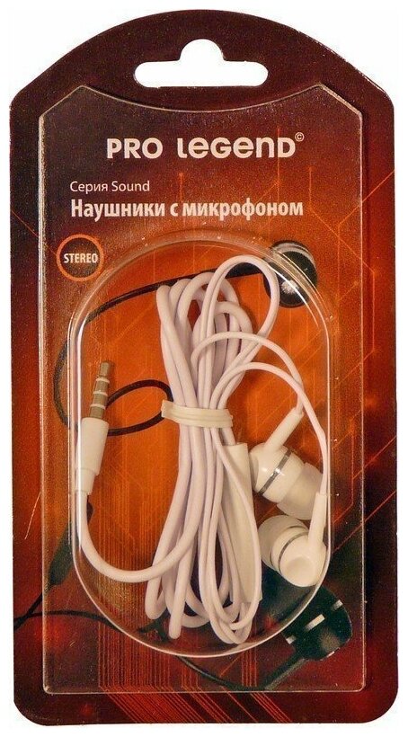 Наушники Pro Legend Sound PL5023 с микрофоном, белые затычки, 18-20kHz, 116#3dB, 32Ом, шнур 1.2м