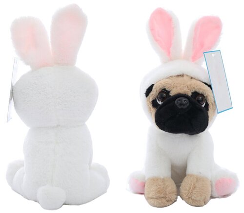 Мягкая игрушка собака Мопс в костюме зайца, белая, 20х15х12 см