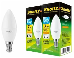 Комплект из 2 светодиодных энергосберегающих ламп Sholtz свеча С37 7Вт E14 2700К 220В пластик (Шольц) LEC3025D