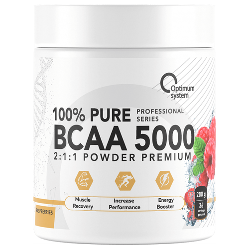 BCAA Optimum system 100% Pure BCAA 5000 Powder, малина, 200 гр. аминокислота optimum system 100% pure bcaa 5000 powder малина 550 гр