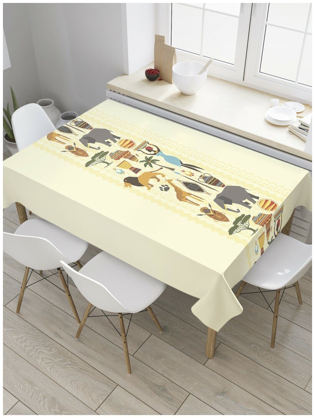 Прямоугольная водоотталкивающая скатерть на стол JoyArty с рисунком "Африканская роспись" 120 на 145 см