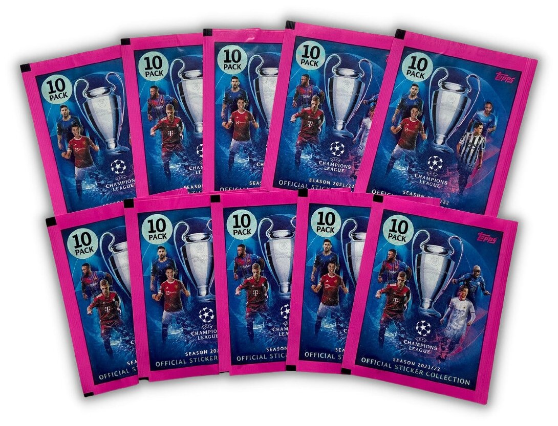 10 пакетиков (100 наклеек) Topps Лига Чемпионов 2021/22 / UEFA Champions League. Подарочный набор футбольных коллекционных наклеек.