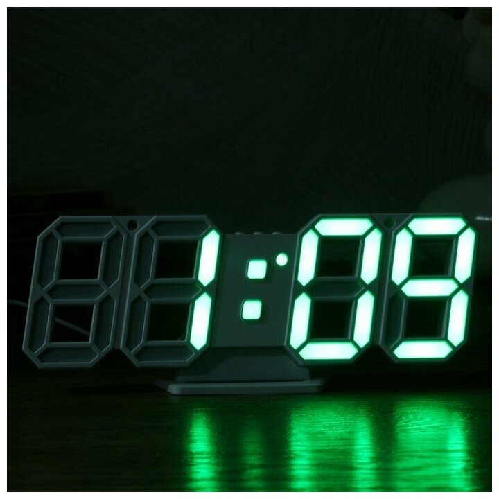 Часы-будильник электронные"Цифры", цифры зеленые, с термометром, белые, 23х9.5х3 см 4900412 - фотография № 2
