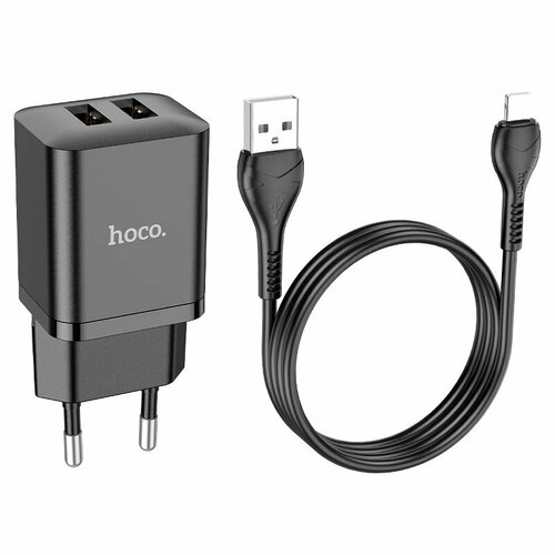 Блок питания сетевой 2 USB HOCO N25, Maker, 2100mA, кабель 8 pin, цвет: чёрный блок питания сетевой 2 usb hoco c88a star 2400ma пластик кабель 8 pin цвет чёрный