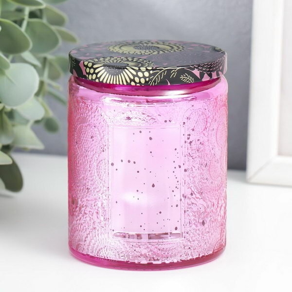 Банка для свечей стекло с крышкой "Цветочная" розовая цилиндр гальваника 9х7х7 см