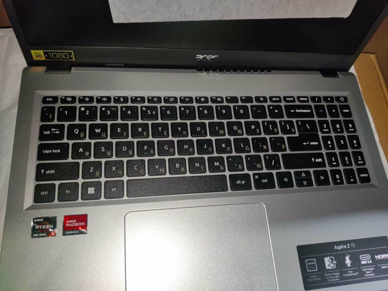 Ноутбук Acer NX.KDEEM.00K Ryzen 5 7520/16GB/512GB SSD/Radeon Graphics/15.6" FHD/WiFi/BT/Cam/noOS/серебристый - фото №3